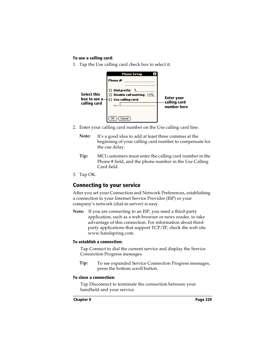 To use a calling card, Connecting to your service, To establish a connection | To close a connection | Handspring Visor User Manual | Page 229 / 287