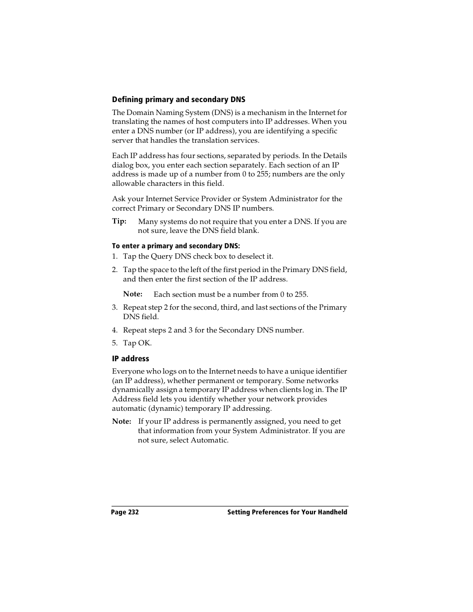 Defining primary and secondary dns, To enter a primary and secondary dns, Ip address | Handspring Visor User Manual | Page 232 / 287