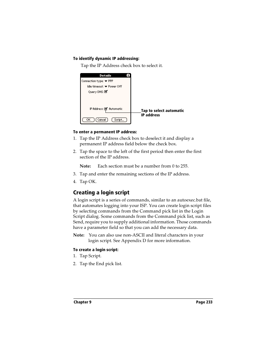 To identify dynamic ip addressing, To enter a permanent ip address, Creating a login script | To create a login script | Handspring Visor User Manual | Page 233 / 287