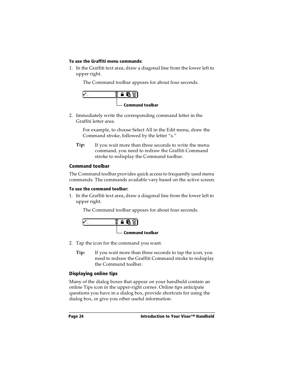 To use the graffiti menu commands, Command toolbar, To use the command toolbar | Displaying online tips | Handspring Visor User Manual | Page 24 / 287