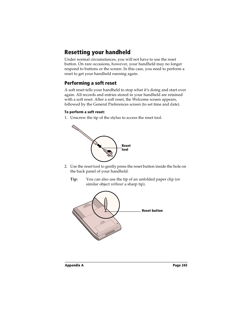 Resetting your handheld, Performing a soft reset, To perform a soft reset | Handspring Visor User Manual | Page 243 / 287
