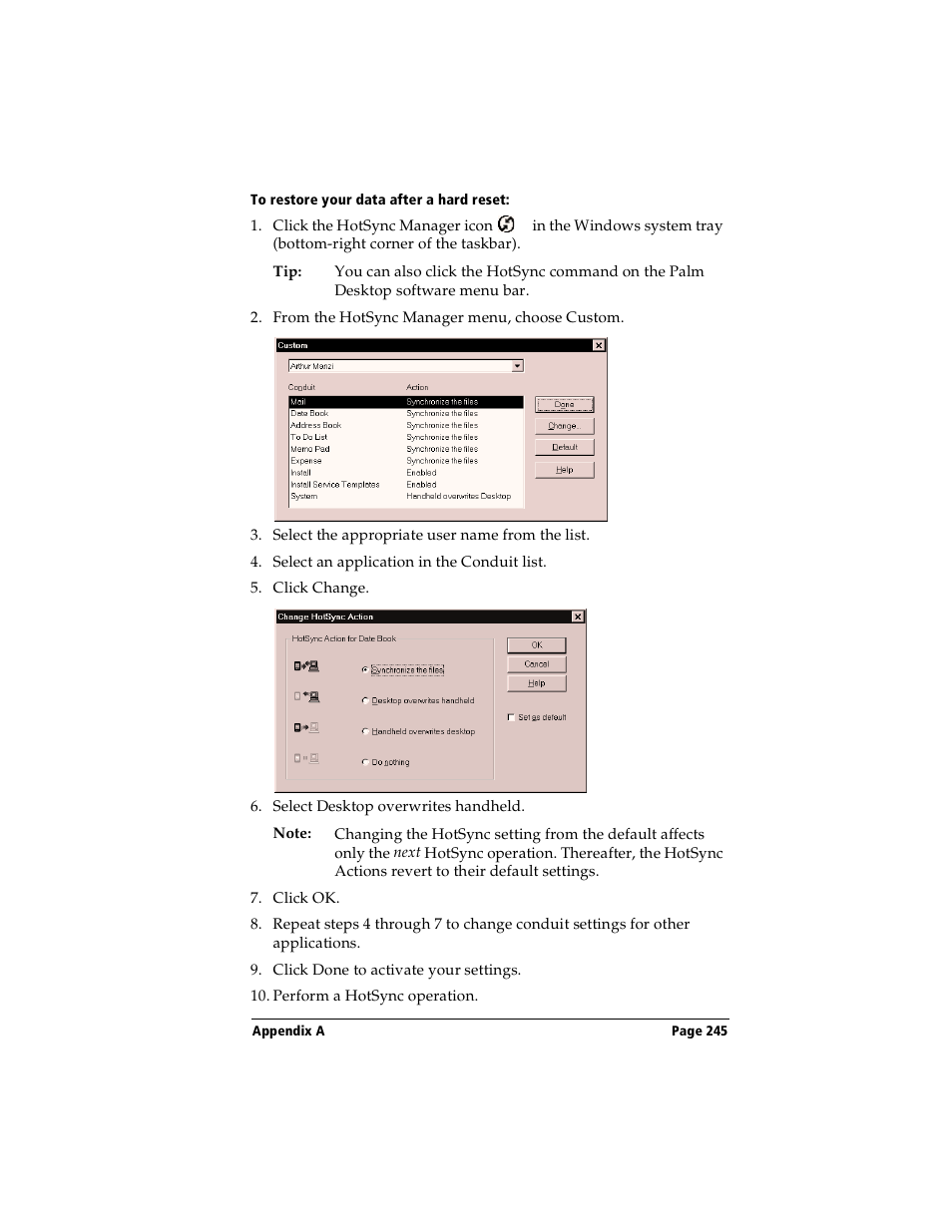 To restore your data after a hard reset | Handspring Visor User Manual | Page 245 / 287