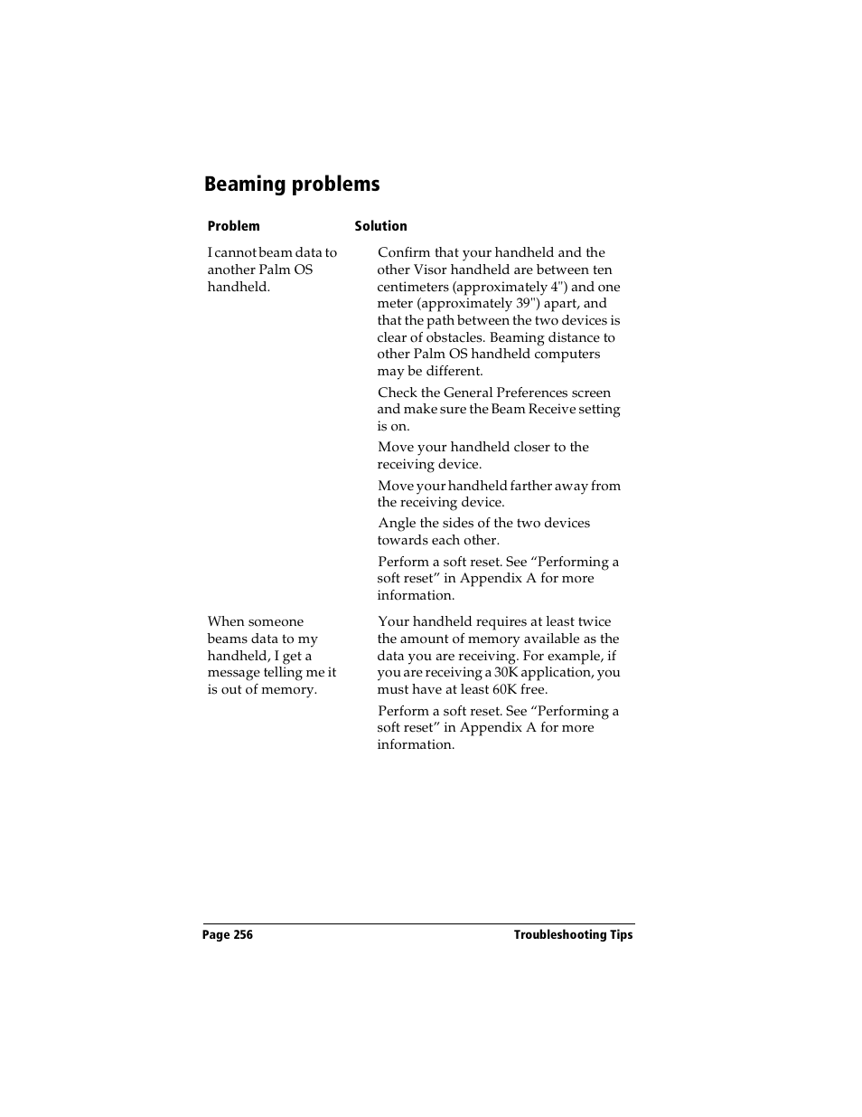 Beaming problems | Handspring Visor User Manual | Page 256 / 287
