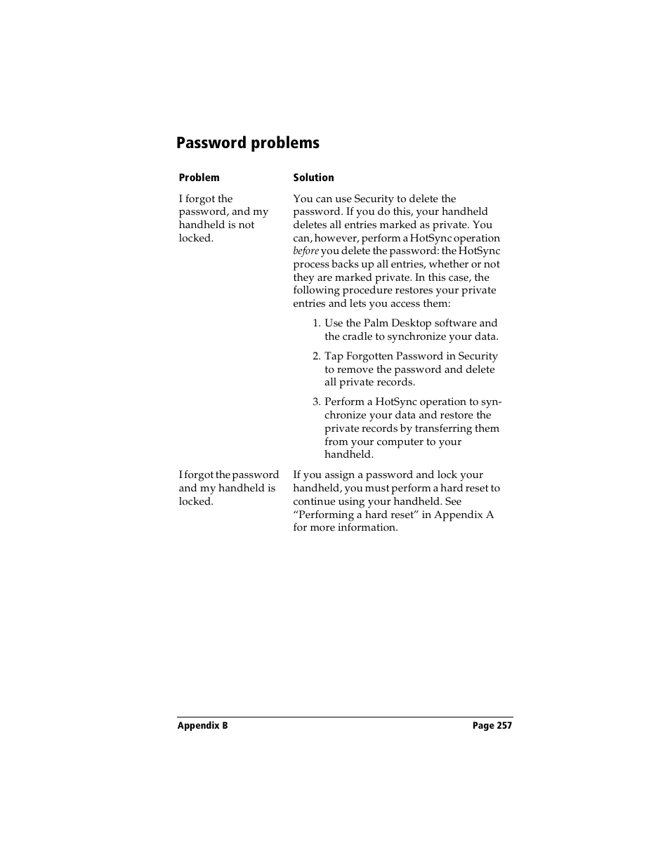 Password problems | Handspring Visor User Manual | Page 257 / 287