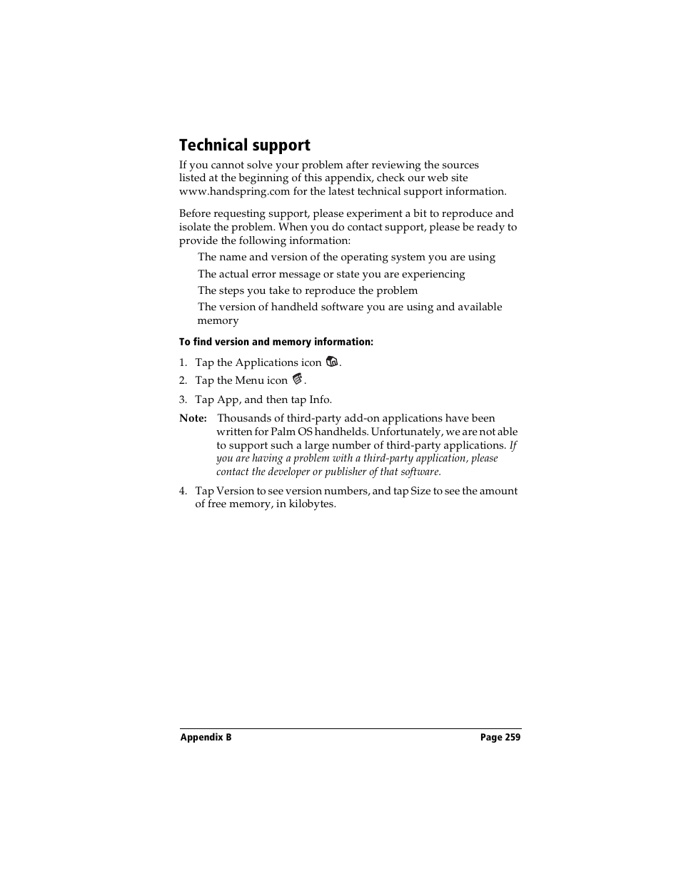 Technical support, To find version and memory information | Handspring Visor User Manual | Page 259 / 287