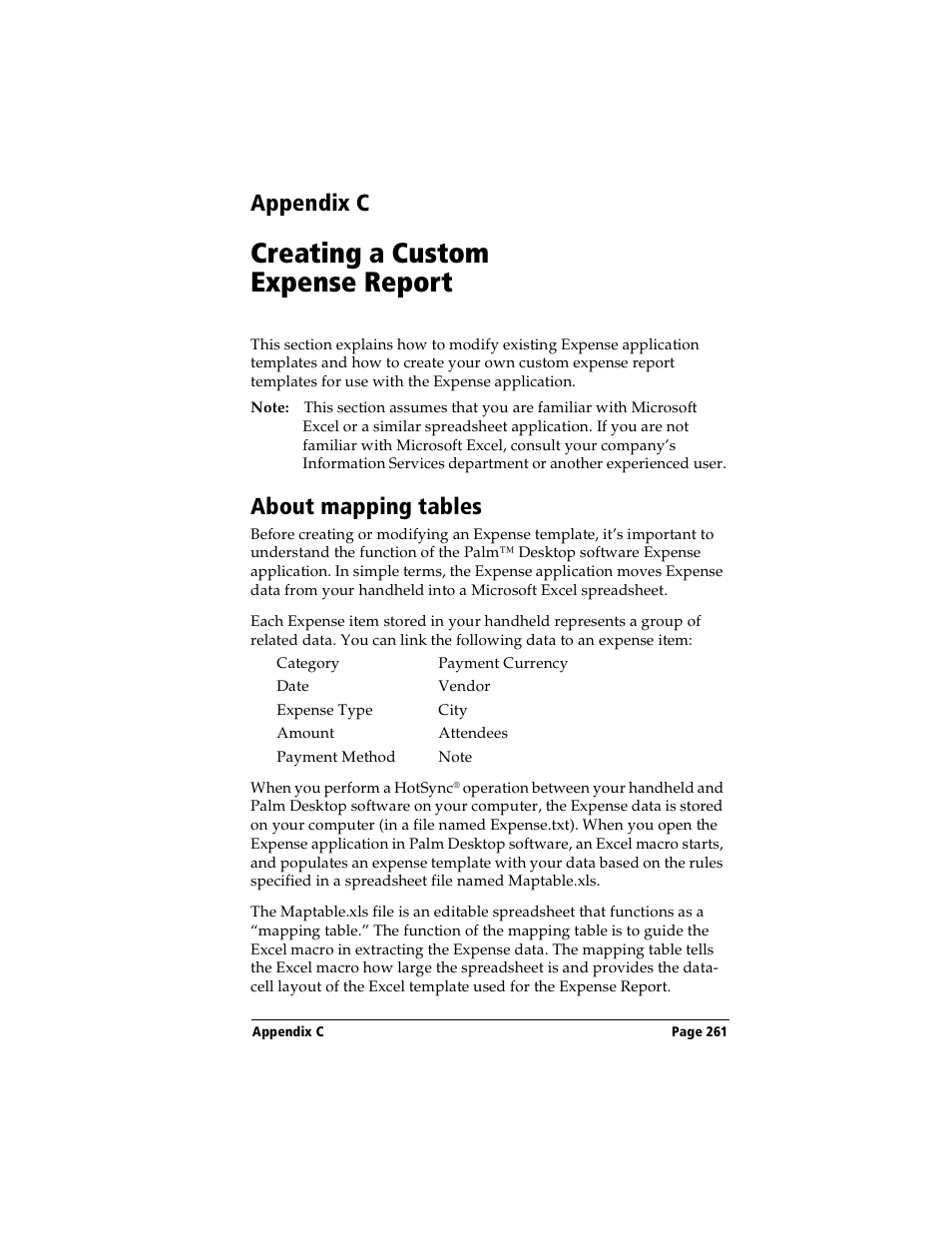 Creating a custom expense report, About mapping tables, Appendix c: creating a custom expense report | Appendix c | Handspring Visor User Manual | Page 261 / 287