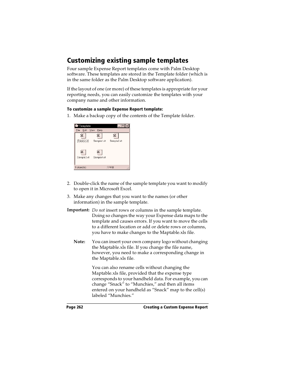 Customizing existing sample templates, To customize a sample expense report template | Handspring Visor User Manual | Page 262 / 287