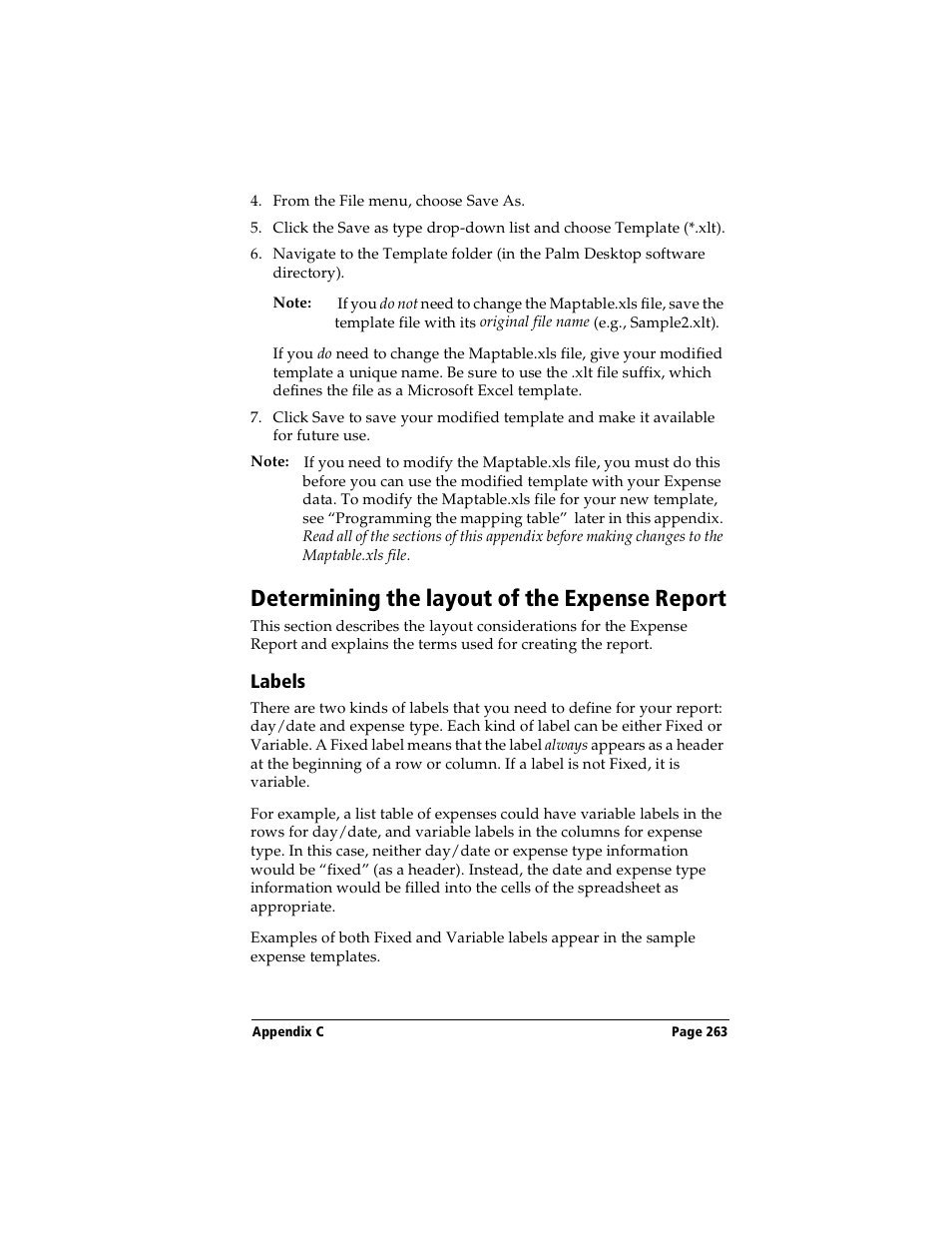 Determining the layout of the expense report, Labels | Handspring Visor User Manual | Page 263 / 287