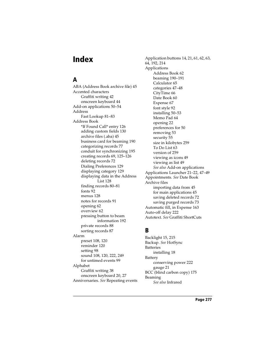 Index | Handspring Visor User Manual | Page 277 / 287