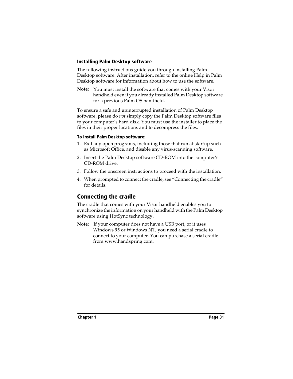 Installing palm desktop software, To install palm desktop software, Connecting the cradle | Handspring Visor User Manual | Page 31 / 287