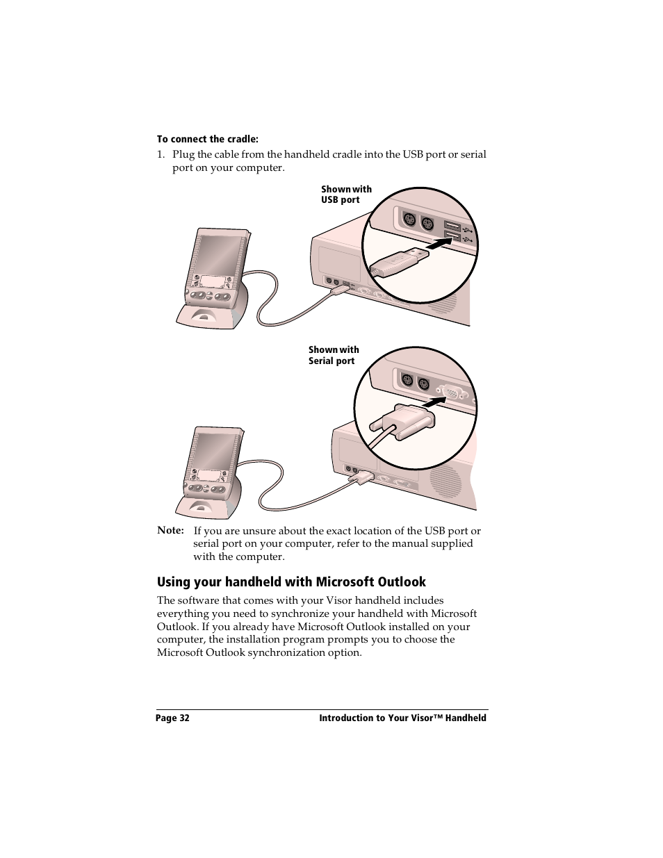 To connect the cradle, Using your handheld with microsoft outlook | Handspring Visor User Manual | Page 32 / 287