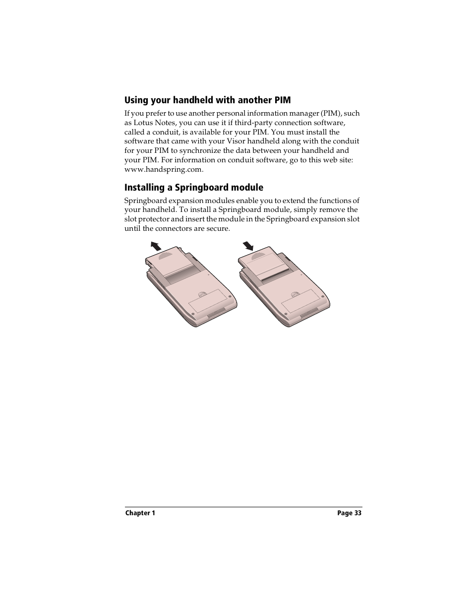 Using your handheld with another pim, Installing a springboard module | Handspring Visor User Manual | Page 33 / 287