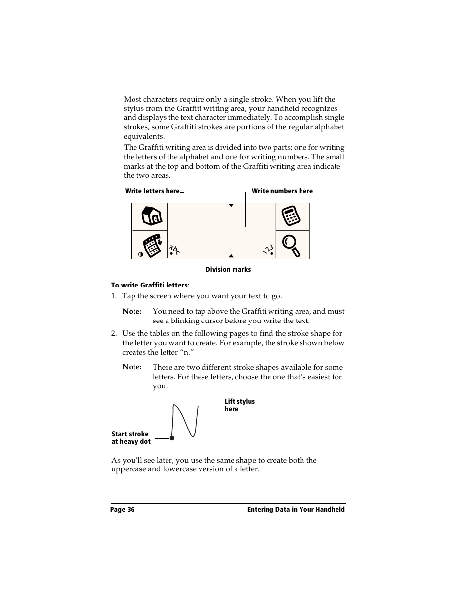 To write graffiti letters | Handspring Visor User Manual | Page 36 / 287