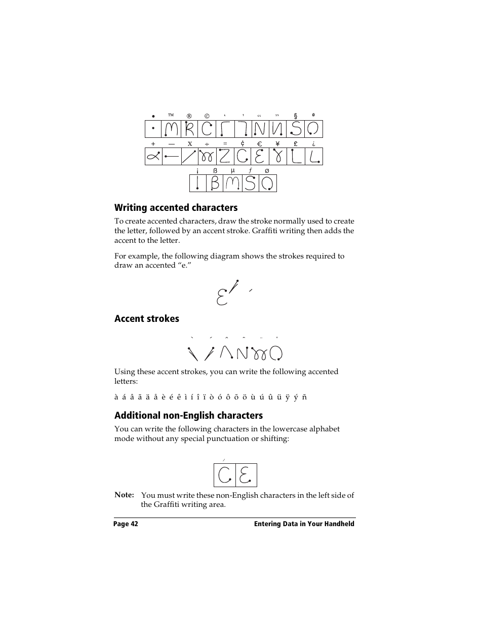 Writing accented characters, Accent strokes, Additional non-english characters | Handspring Visor User Manual | Page 42 / 287