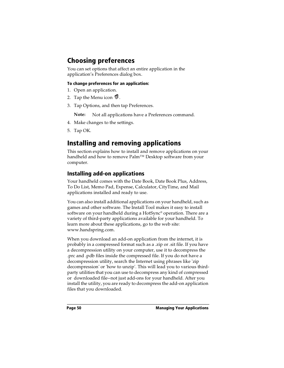 Choosing preferences, To change preferences for an application, Installing and removing applications | Installing add-on applications | Handspring Visor User Manual | Page 50 / 287