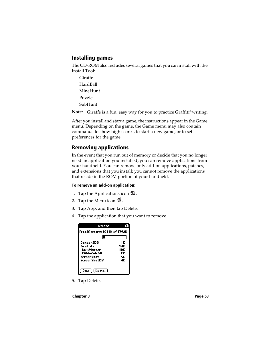Installing games, Removing applications, To remove an add-on application | Installing games removing applications | Handspring Visor User Manual | Page 53 / 287