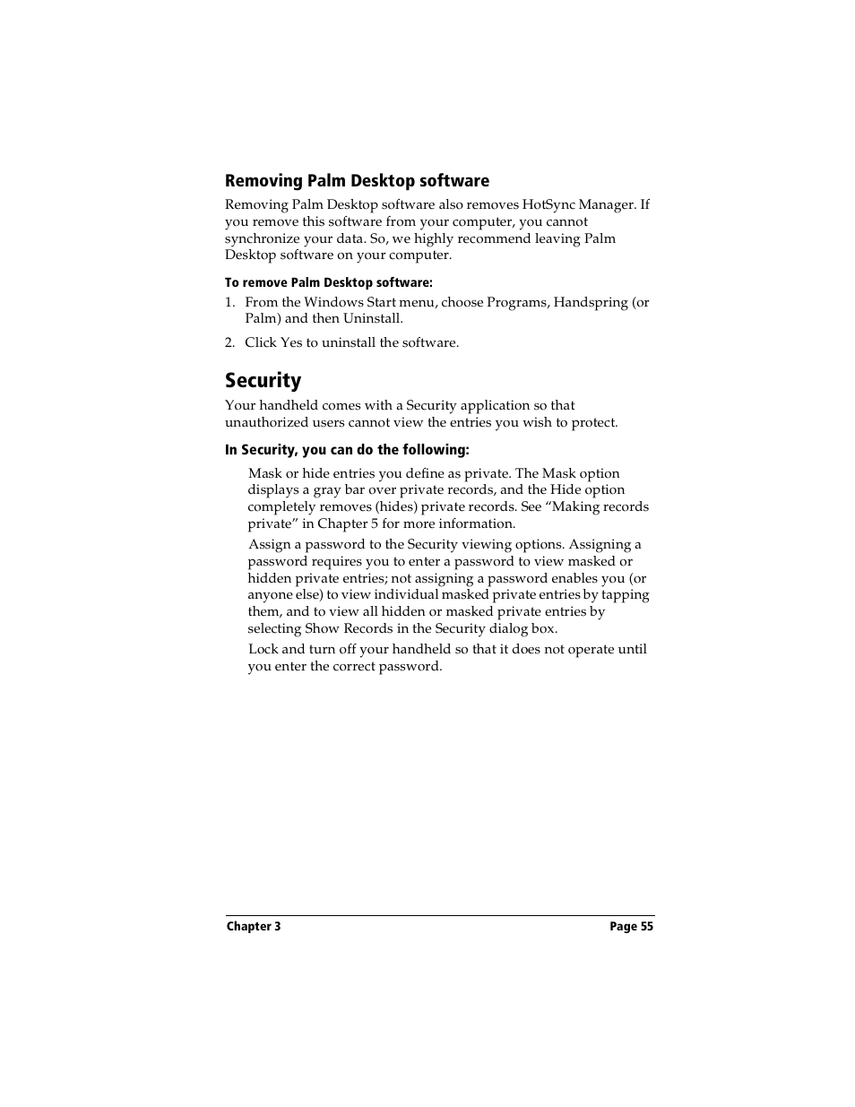 Removing palm desktop software, To remove palm desktop software, Security | In security, you can do the following | Handspring Visor User Manual | Page 55 / 287