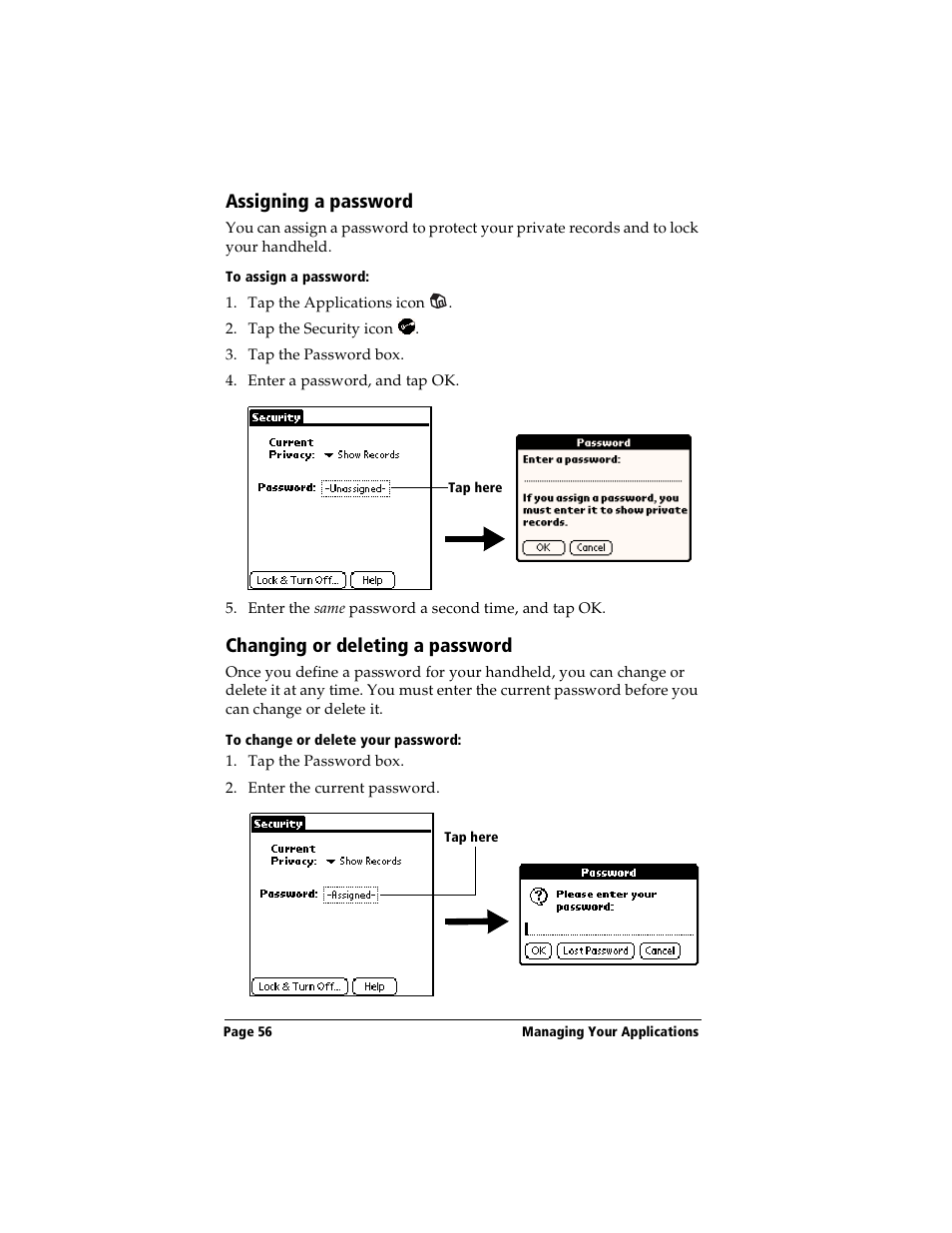 Assigning a password, To assign a password, Changing or deleting a password | To change or delete your password | Handspring Visor User Manual | Page 56 / 287