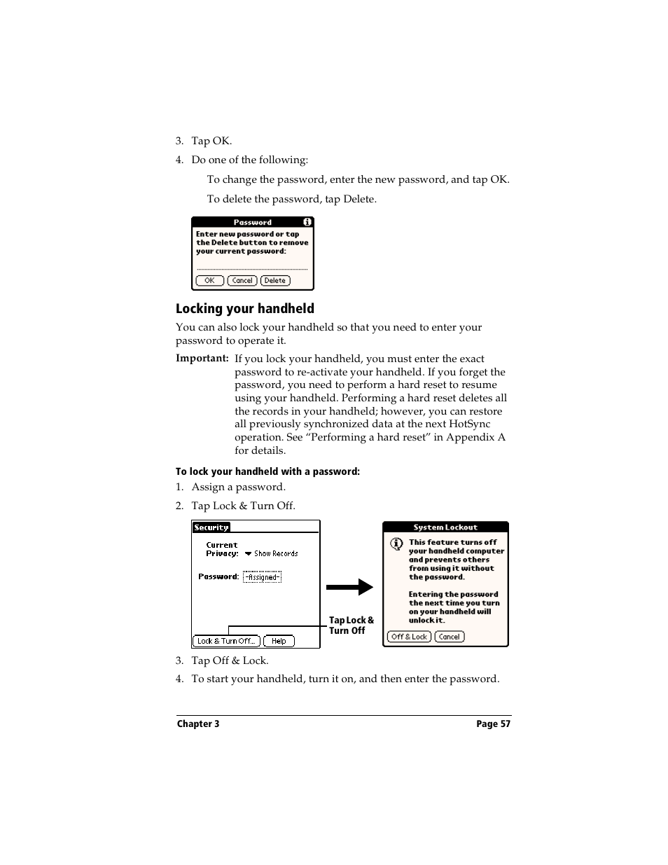 Locking your handheld, To lock your handheld with a password | Handspring Visor User Manual | Page 57 / 287
