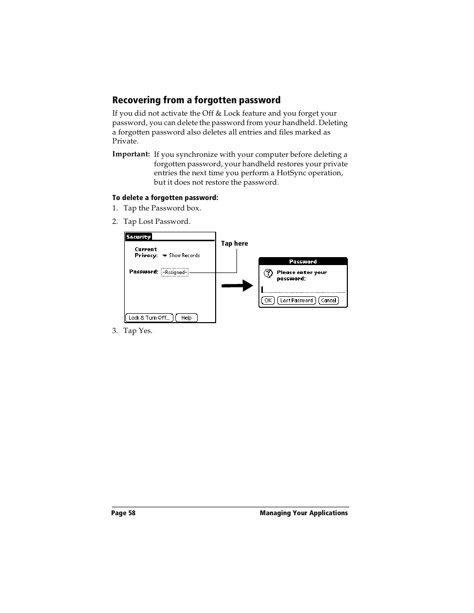 Recovering from a forgotten password, To delete a forgotten password | Handspring Visor User Manual | Page 58 / 287