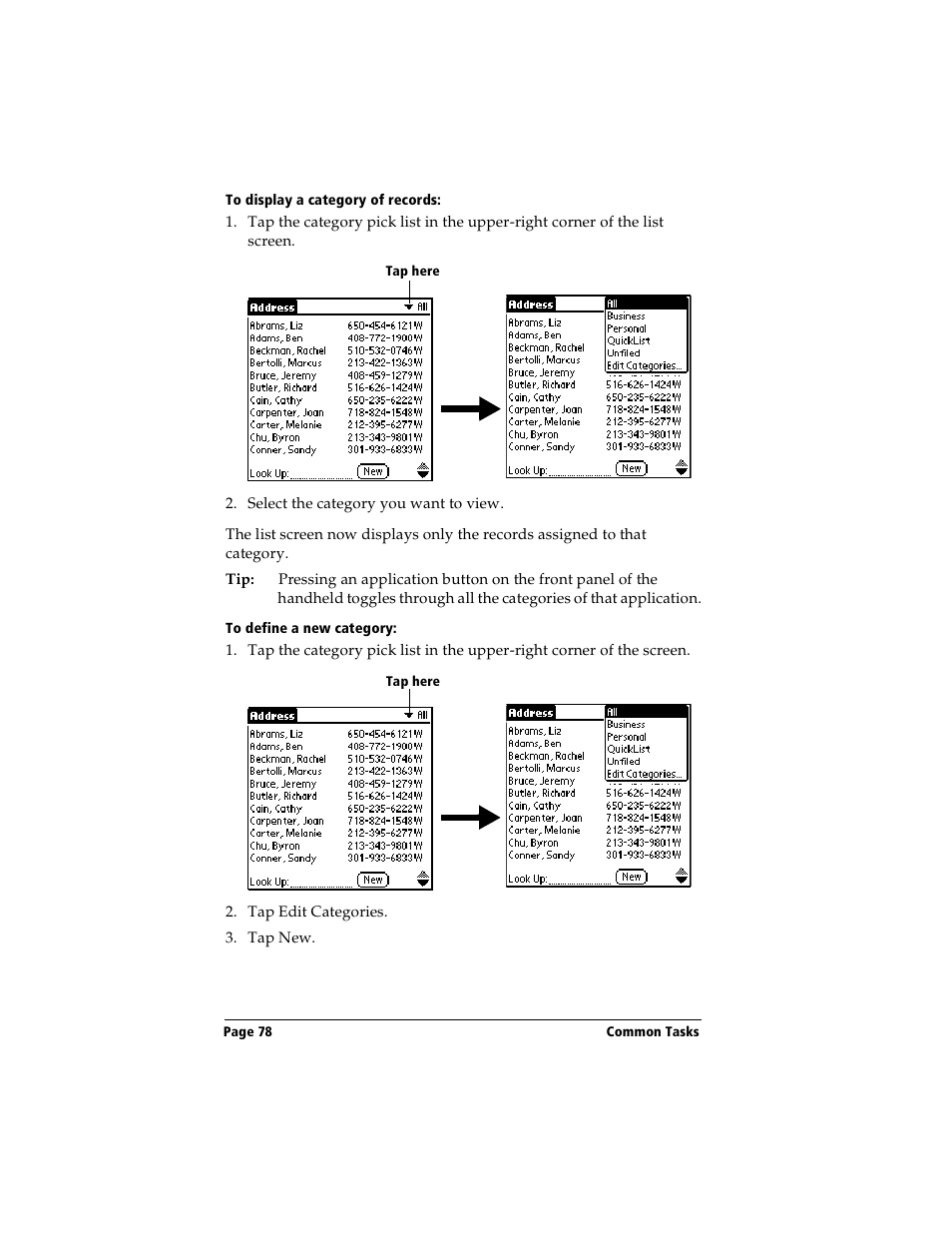 To display a category of records, To define a new category | Handspring Visor User Manual | Page 78 / 287