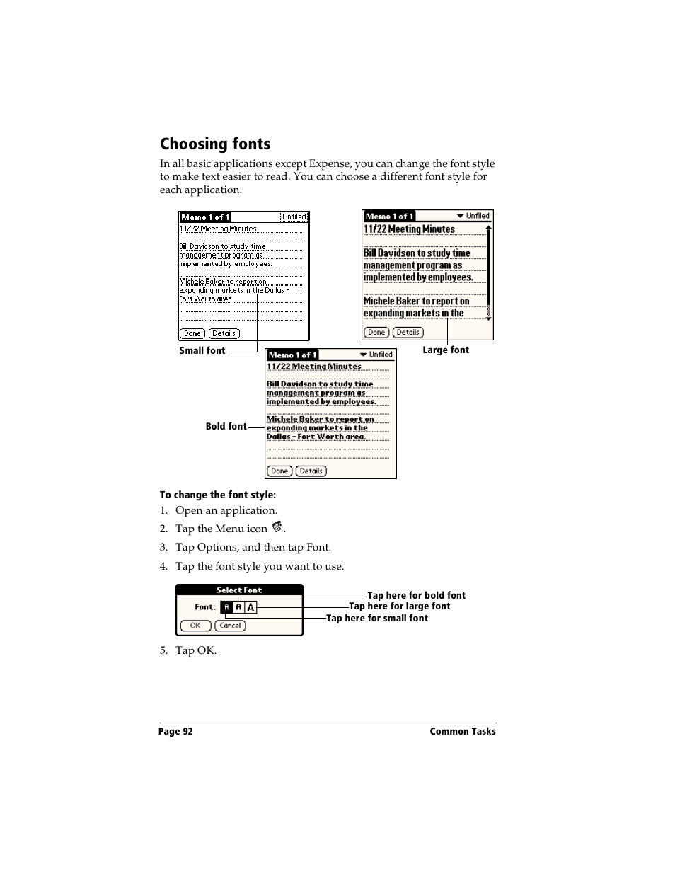 Choosing fonts, To change the font style | Handspring Visor User Manual | Page 92 / 287