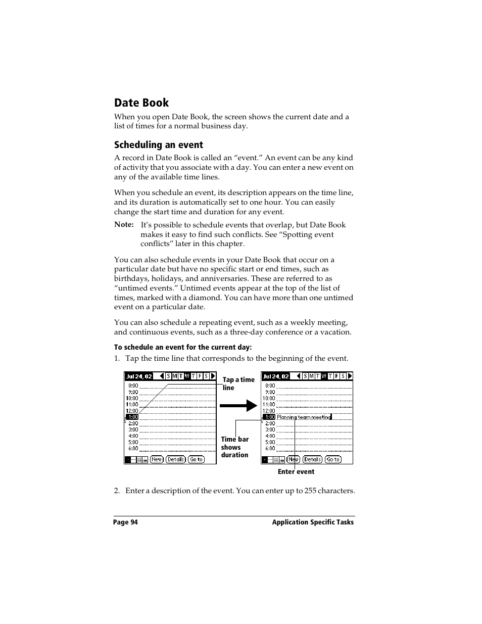 Date book, Scheduling an event, To schedule an event for the current day | Handspring Visor User Manual | Page 94 / 287