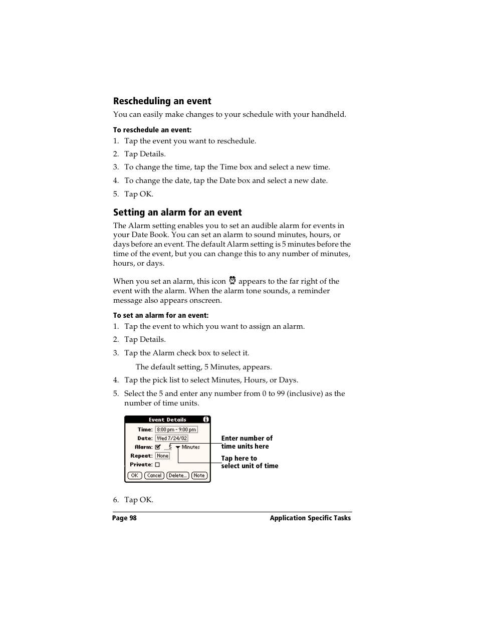 Rescheduling an event, To reschedule an event, Setting an alarm for an event | To set an alarm for an event | Handspring Visor User Manual | Page 98 / 287