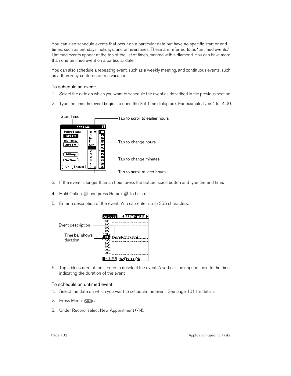 To schedule an event, To schedule an untimed event | Handspring Treo 270 User Manual | Page 102 / 235