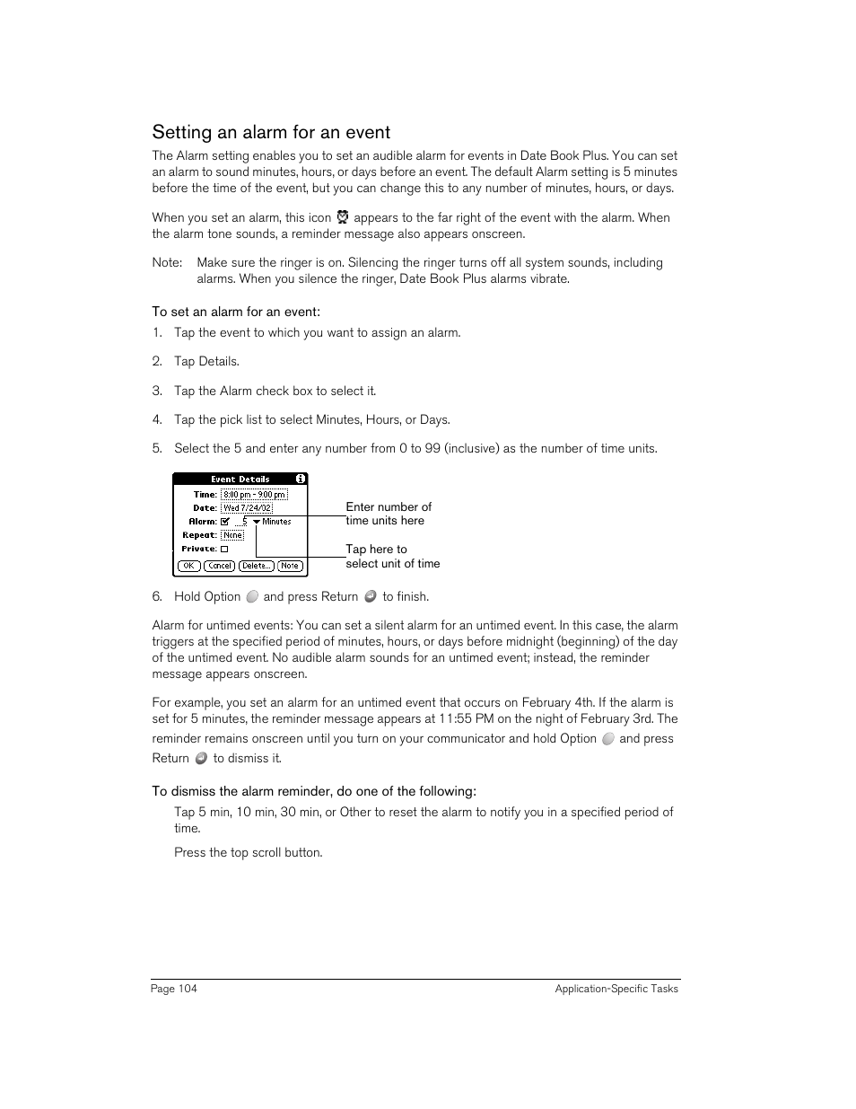 Setting an alarm for an event, To set an alarm for an event | Handspring Treo 270 User Manual | Page 104 / 235