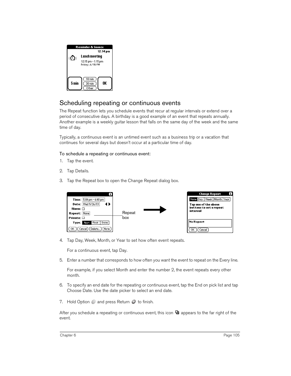 Scheduling repeating or continuous events, To schedule a repeating or continuous event | Handspring Treo 270 User Manual | Page 105 / 235