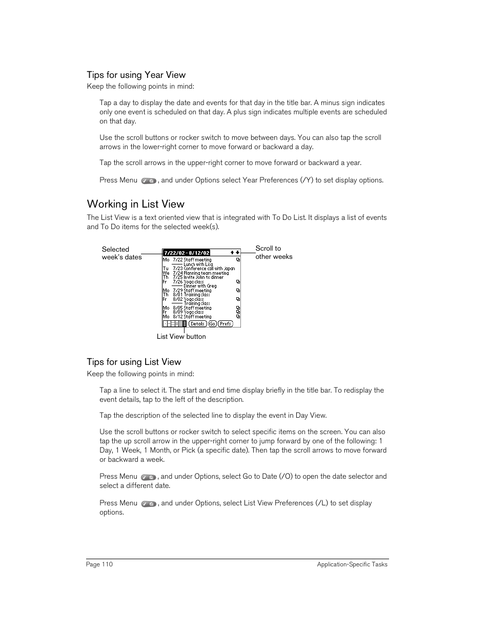 Tips for using year view, Working in list view, Tips for using list view | Handspring Treo 270 User Manual | Page 110 / 235