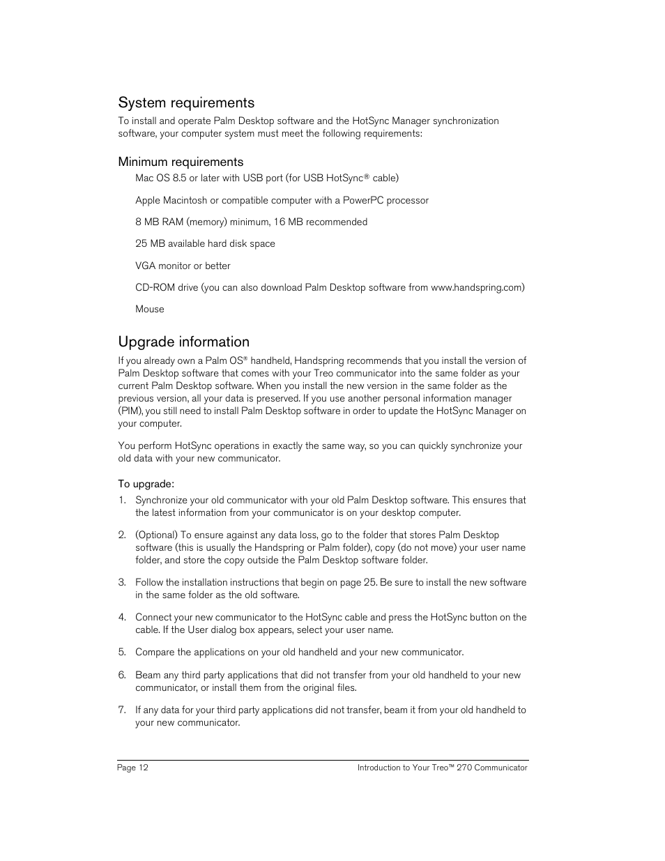 System requirements, Minimum requirements, Upgrade information | To upgrade, System requirements upgrade information | Handspring Treo 270 User Manual | Page 12 / 235