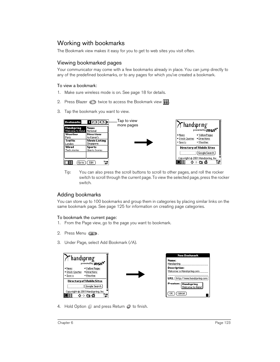 Working with bookmarks, To view a bookmark, Adding bookmarks | Viewing bookmarked pages | Handspring Treo 270 User Manual | Page 123 / 235