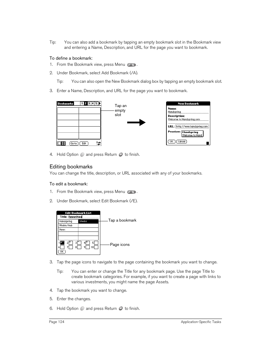 To define a bookmark, Editing bookmarks, To edit a bookmark | Handspring Treo 270 User Manual | Page 124 / 235