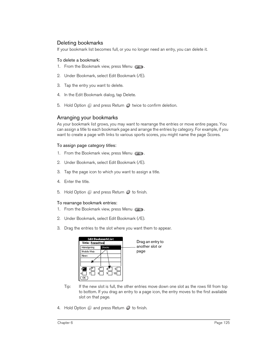 Deleting bookmarks, To delete a bookmark, Arranging your bookmarks | To rearrange bookmark entries | Handspring Treo 270 User Manual | Page 125 / 235
