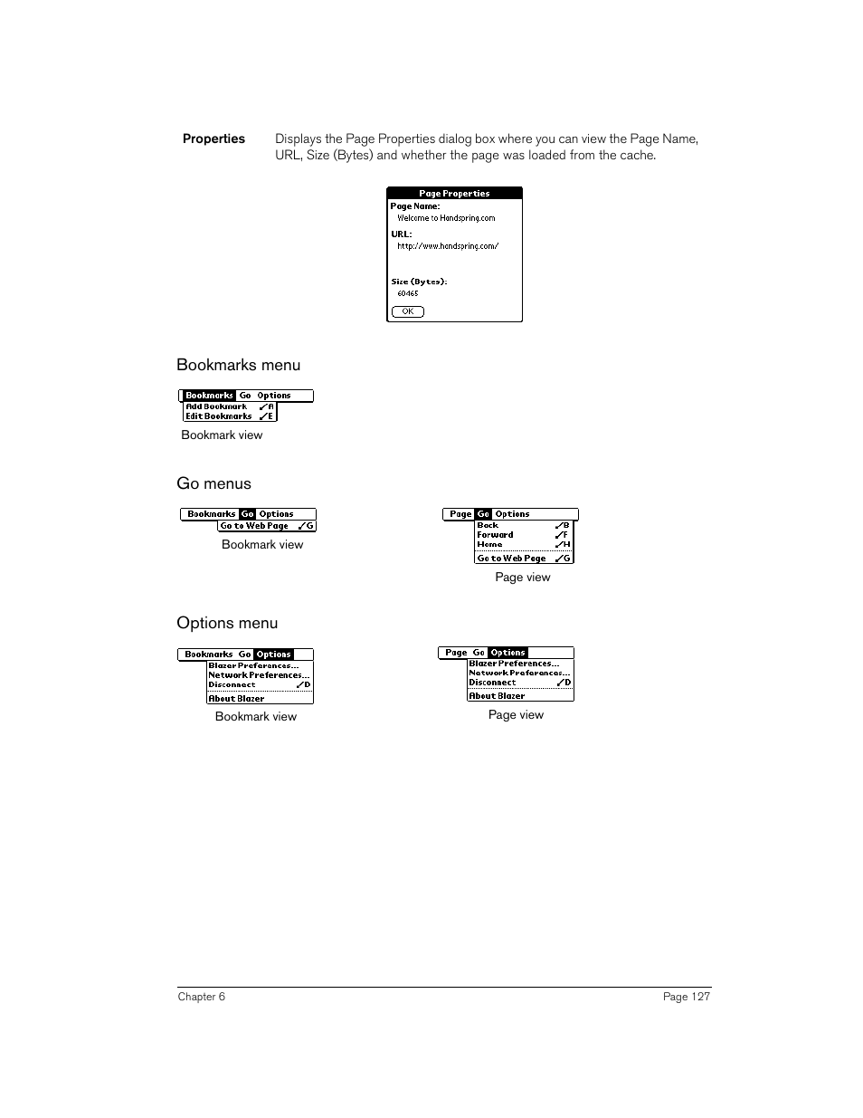 Bookmarks menu, Go menus, Options menu | Handspring Treo 270 User Manual | Page 127 / 235