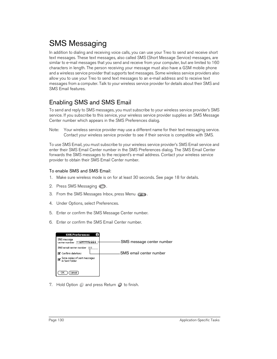 Sms messaging, Enabling sms and sms email, To enable sms and sms email | Handspring Treo 270 User Manual | Page 130 / 235