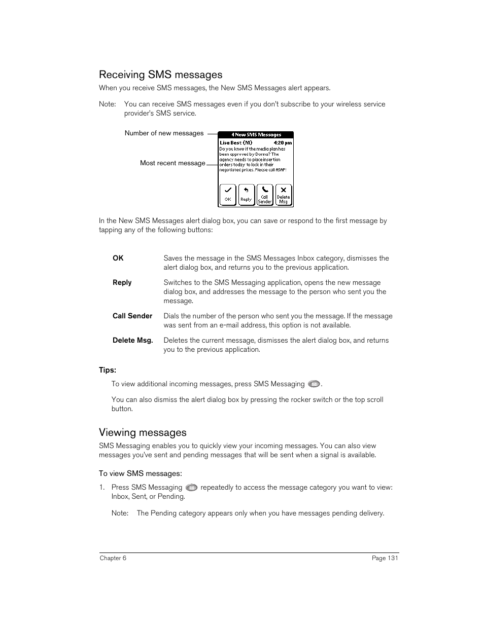 Receiving sms messages, Tips, Viewing messages | To view sms messages, Receiving sms messages viewing messages | Handspring Treo 270 User Manual | Page 131 / 235