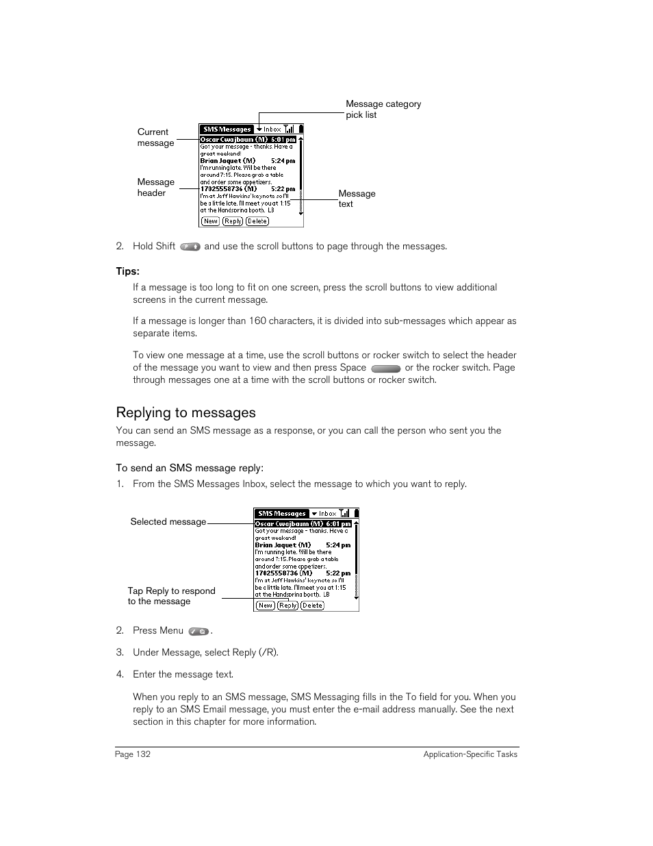 Tips, Replying to messages, To send an sms message reply | Handspring Treo 270 User Manual | Page 132 / 235