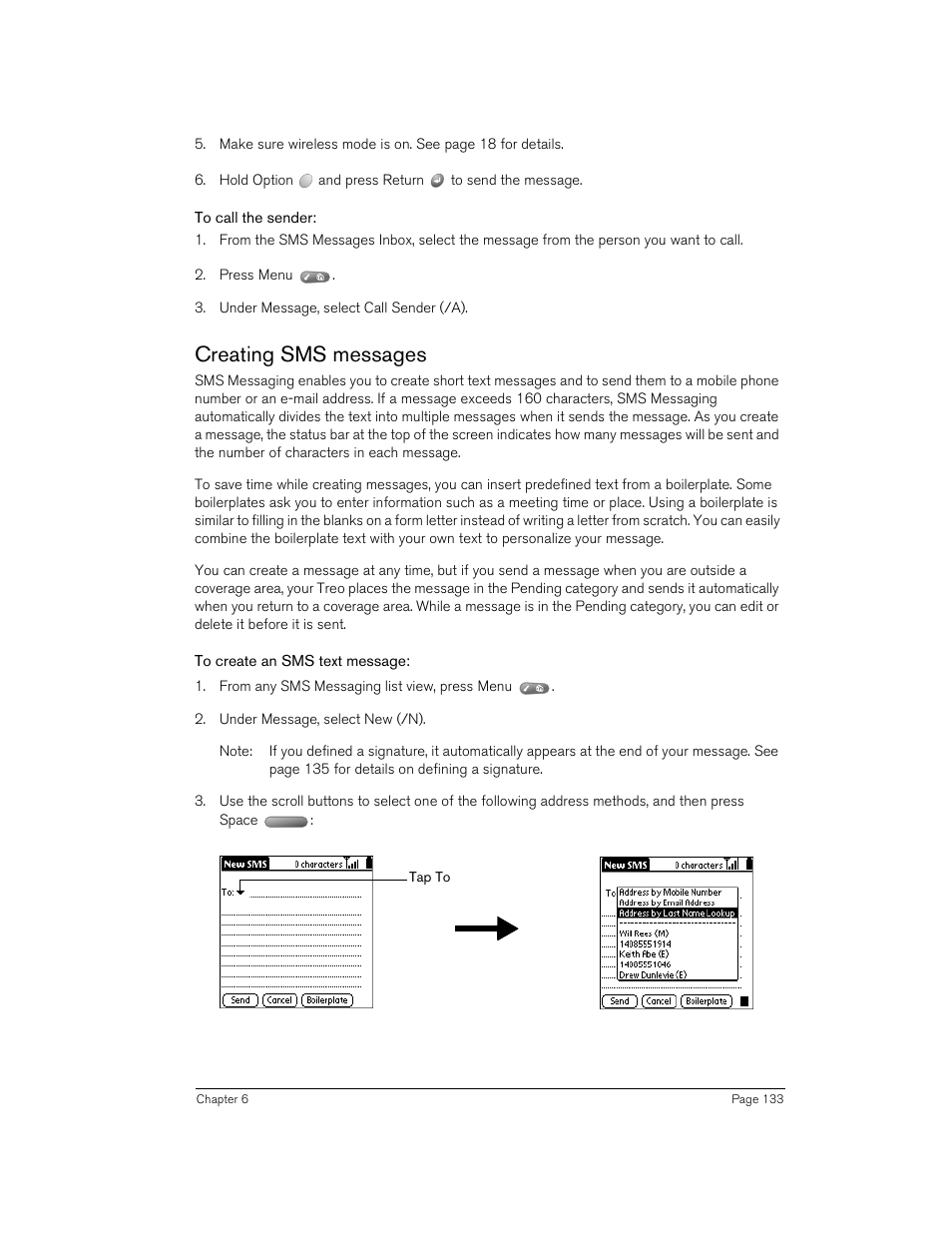 To call the sender, Creating sms messages, To create an sms text message | Handspring Treo 270 User Manual | Page 133 / 235