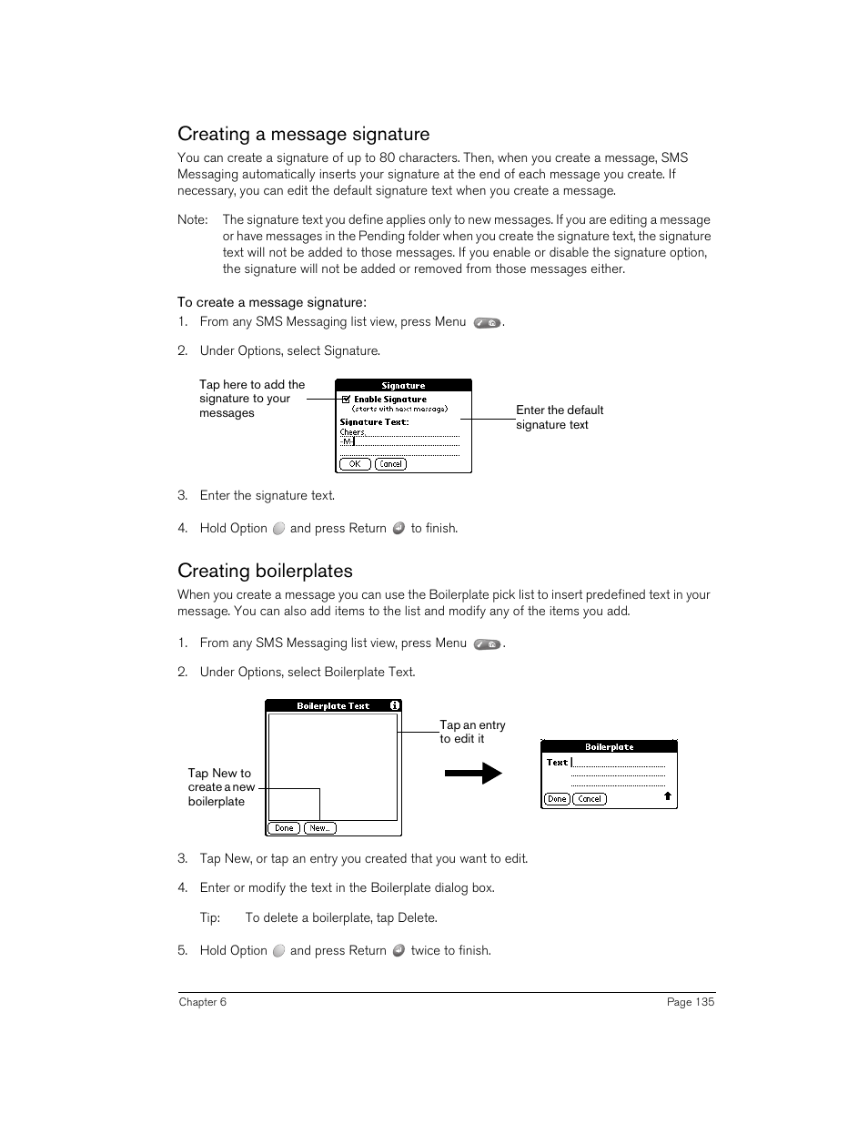 Creating a message signature, To create a message signature, Creating boilerplates | Creating a message signature creating boilerplates | Handspring Treo 270 User Manual | Page 135 / 235