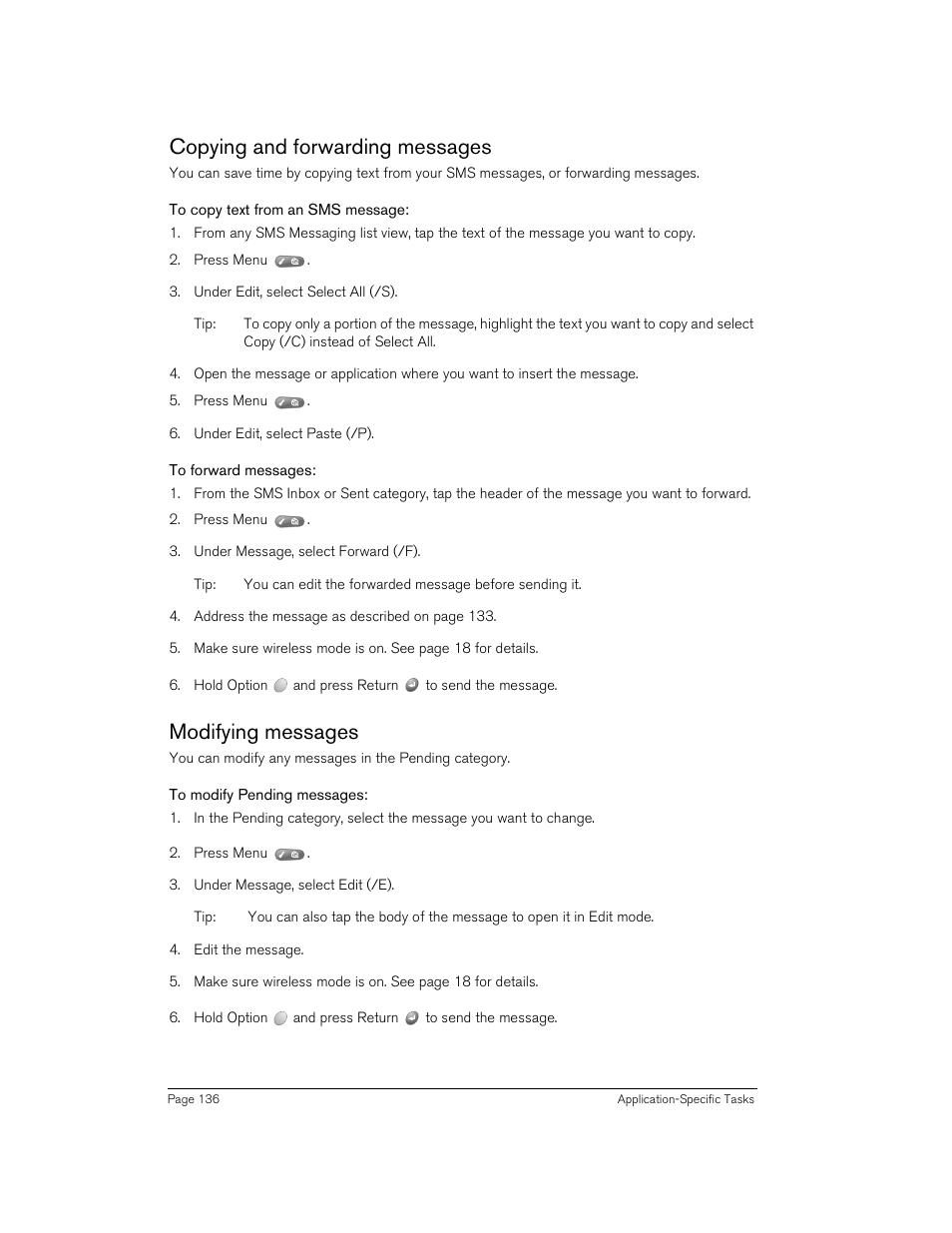 Copying and forwarding messages, To copy text from an sms message, To forward messages | Modifying messages, To modify pending messages, Copying and forwarding messages modifying messages | Handspring Treo 270 User Manual | Page 136 / 235