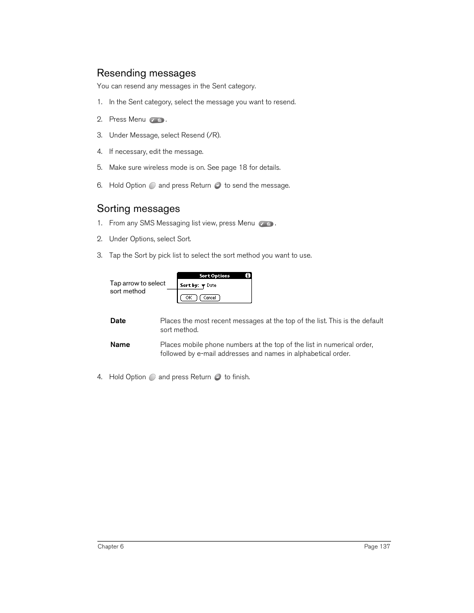 Resending messages, Sorting messages, Resending messages sorting messages | Handspring Treo 270 User Manual | Page 137 / 235