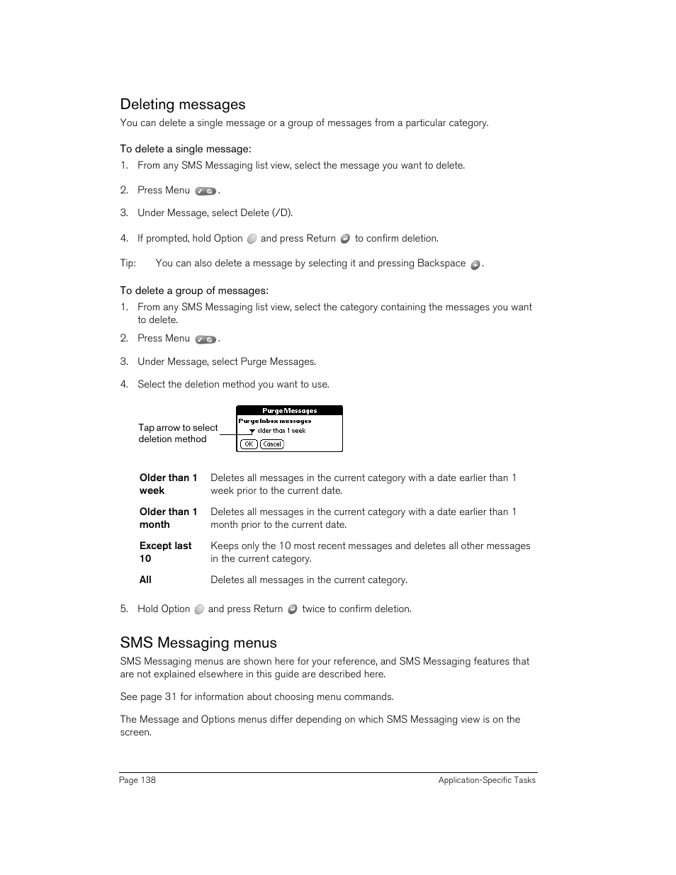 Deleting messages, To delete a single message, To delete a group of messages | Sms messaging menus, Deleting messages sms messaging menus | Handspring Treo 270 User Manual | Page 138 / 235