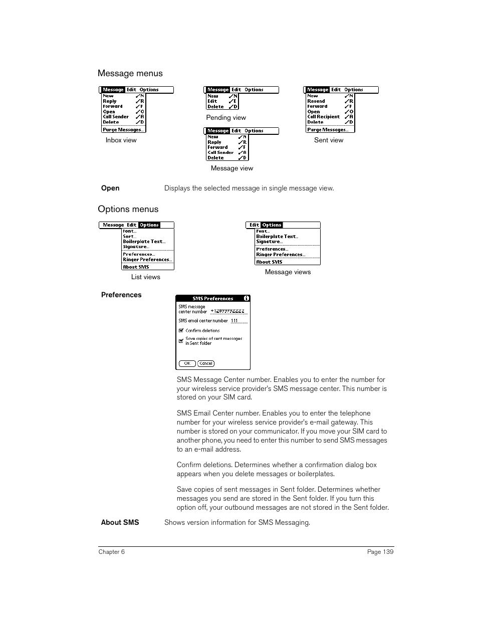 Message menus, Options menus | Handspring Treo 270 User Manual | Page 139 / 235