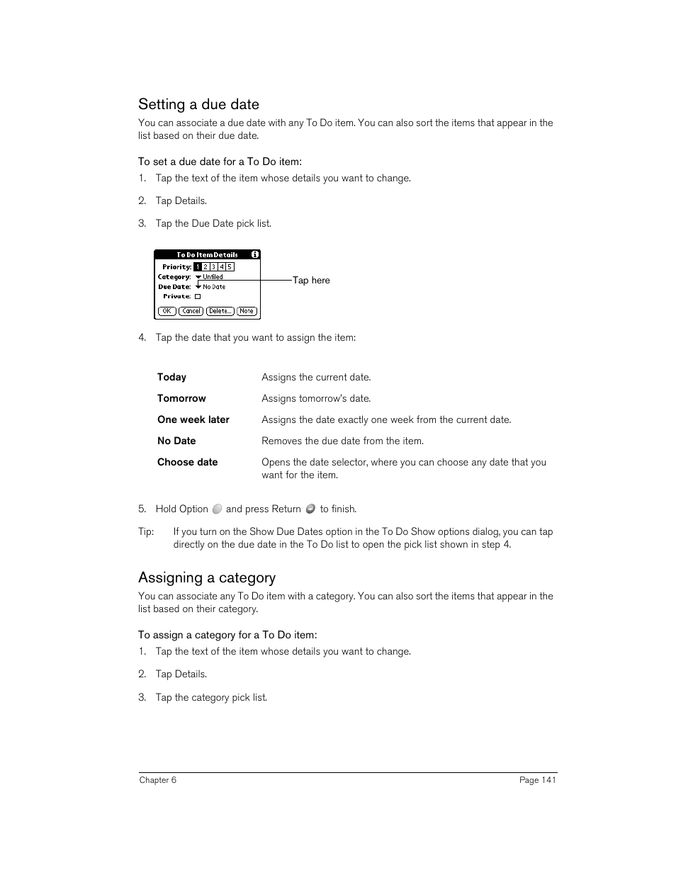 Setting a due date, To set a due date for a to do item, Assigning a category | To assign a category for a to do item, Setting a due date assigning a category | Handspring Treo 270 User Manual | Page 141 / 235