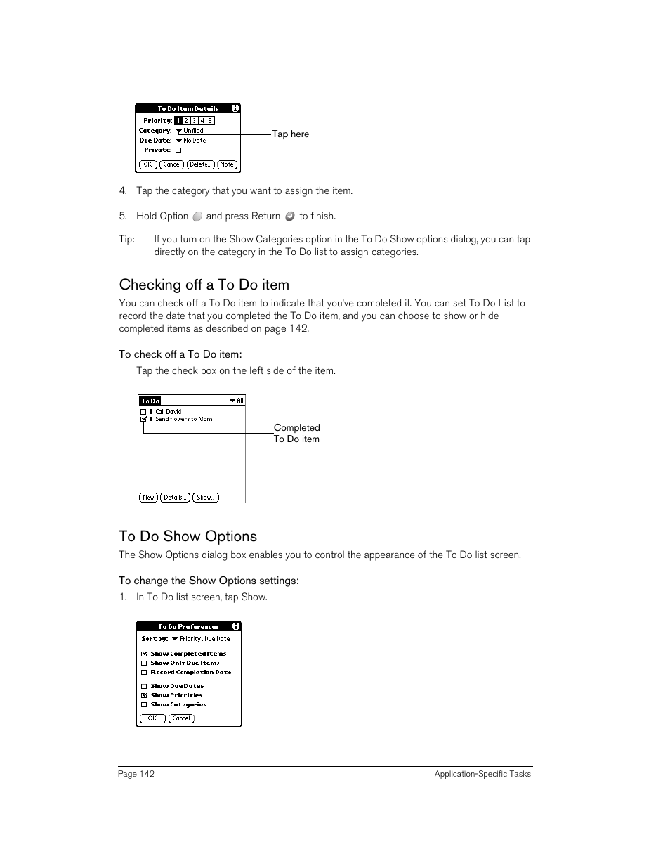 Checking off a to do item, To check off a to do item, To do show options | To change the show options settings, Checking off a to do item to do show options | Handspring Treo 270 User Manual | Page 142 / 235