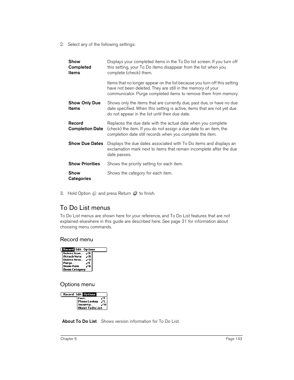 To do list menus, Record menu, Options menu | Record menu options menu | Handspring Treo 270 User Manual | Page 143 / 235