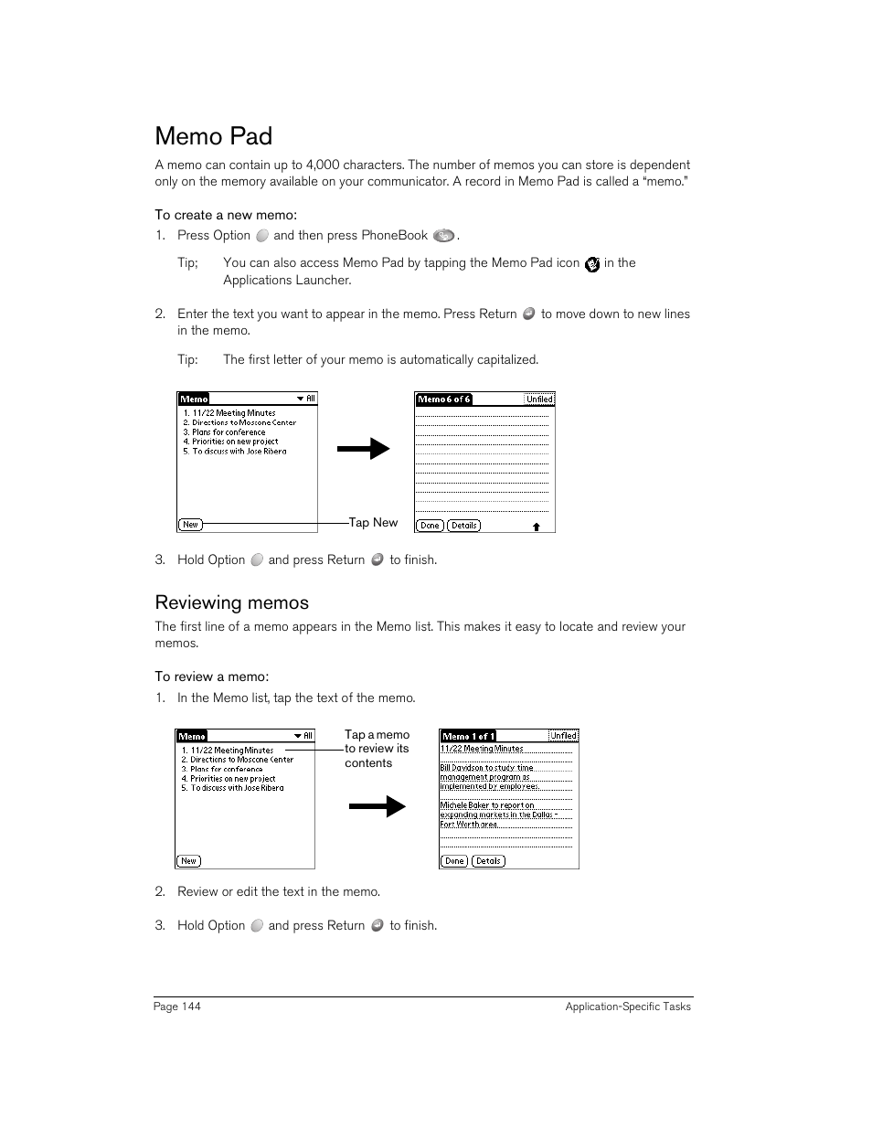 Memo pad, To create a new memo, Reviewing memos | To review a memo | Handspring Treo 270 User Manual | Page 144 / 235